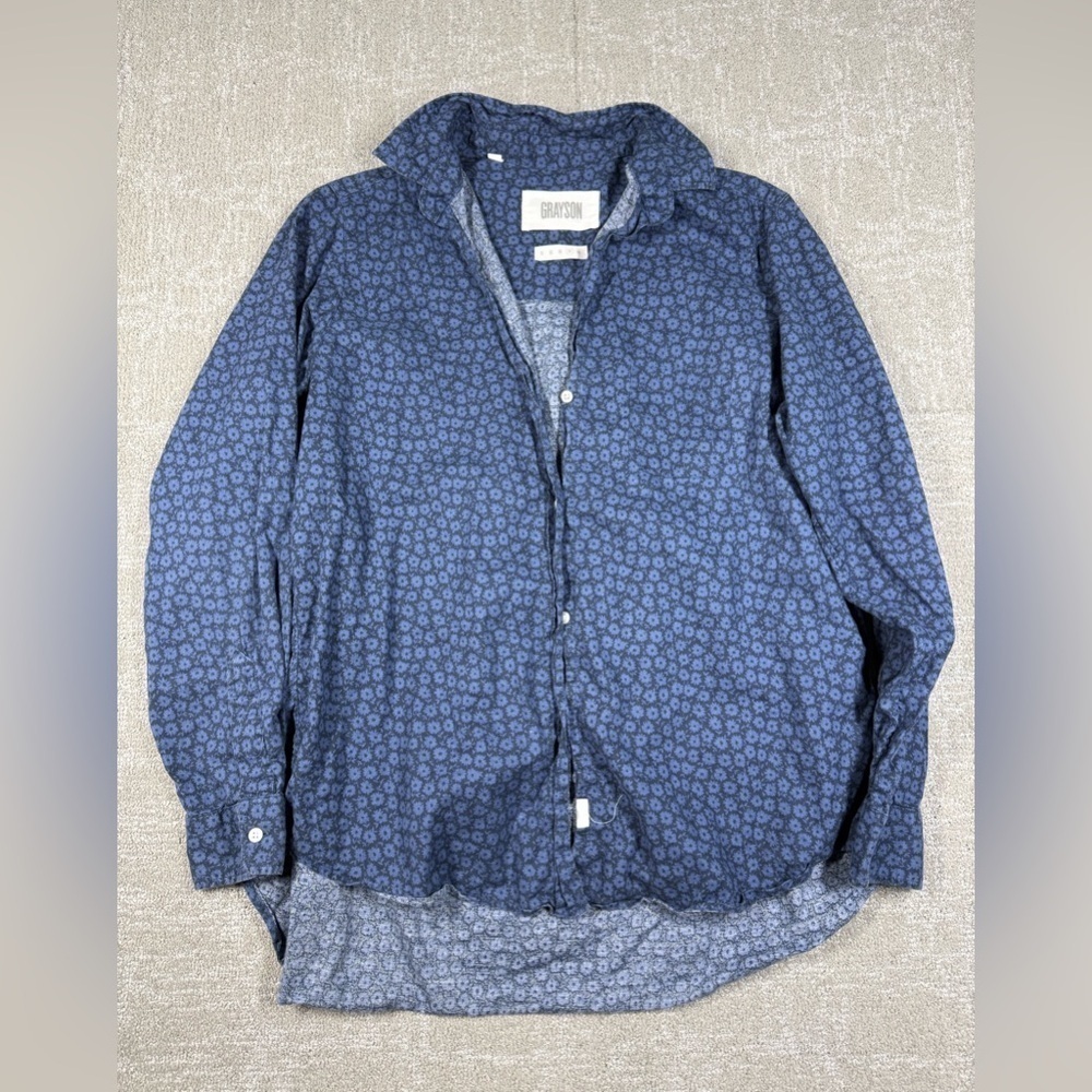Grayson The Hero Marine Blue Floral 3/4 Button Down Boho Blouse Size 04